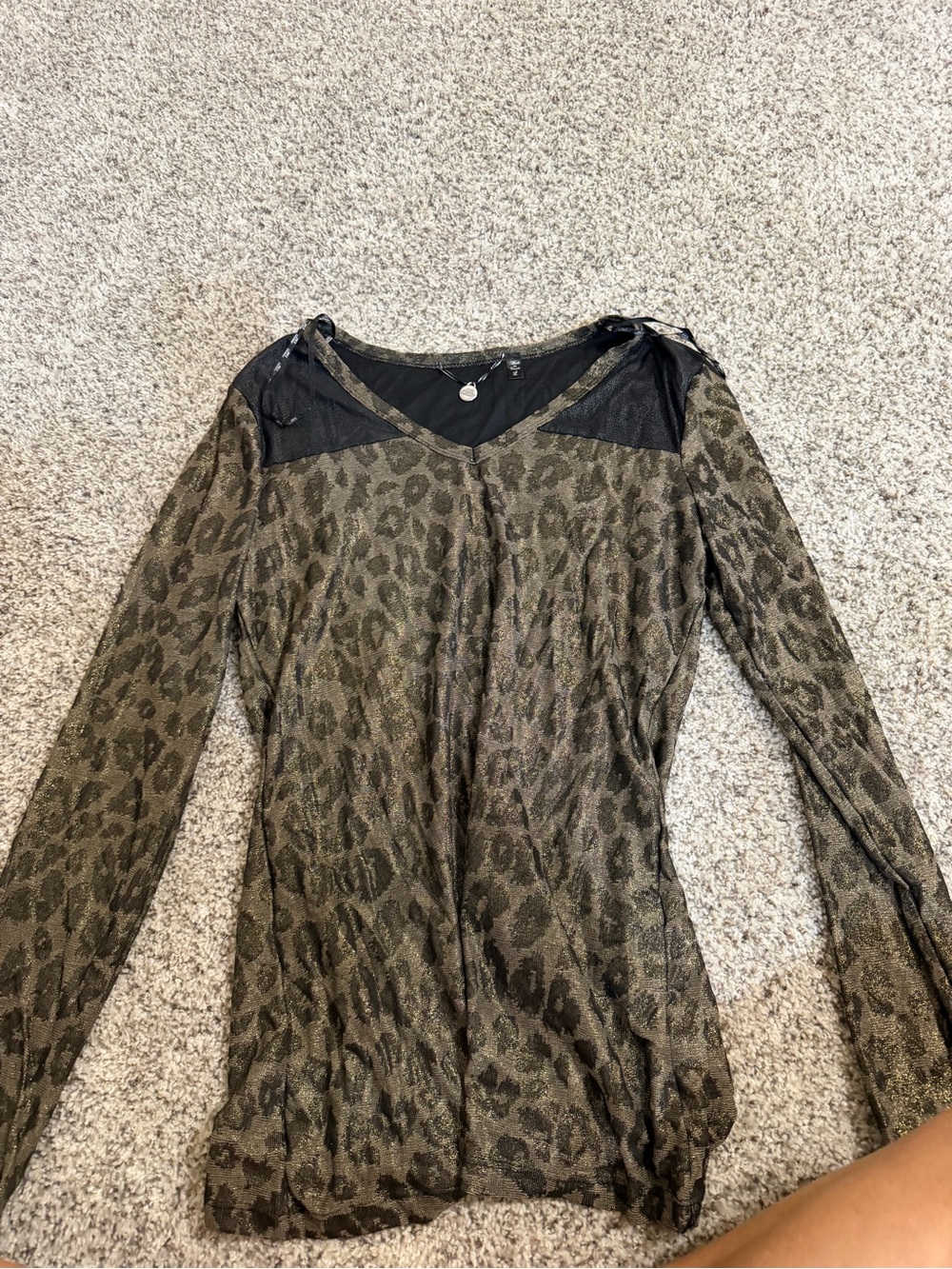 BKE Olive Green Leopard Print Long Sleeve Top with Black Mesh Yoke